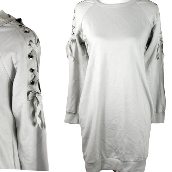 No Comment size L light grey long sleeve shift sweatshirt dress w ties on arms - Picture 3 of 13